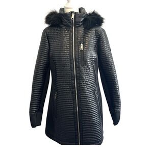 Michael Kors Women's Plus Size M Faux Fur Trim Hooded Puffer Coat‎ In Black